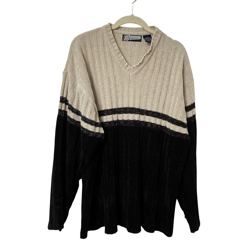 Bsquared Mens XL Beige Black Striped Ribbed V-Neck Chenille Knit Sweater Vintage